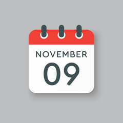 Calendar icon day 9 November, template icon day
