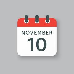 Calendar icon day 10 November, template icon day