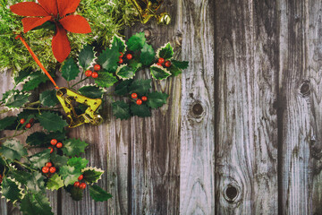 Christmas decoration on dark wooden background. Top view.