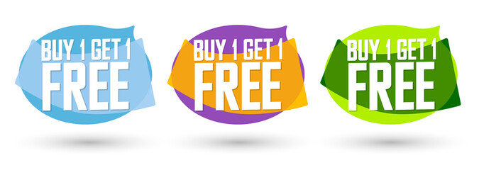 Buy 1 Get 1 Free, set sale bubble banners design template, discount tags, bogo, vector illustration