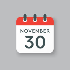 Calendar icon day 30 November, template icon day