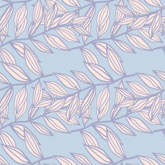 Spring seamless doodle pattern with outline foliage elements in pastel pink tones. Light blue background. Stylized creative artwork.