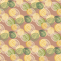 Pastel spiral circles hand drawn seamless pattern. Abstract ornament with green and yellow colors on soft background.