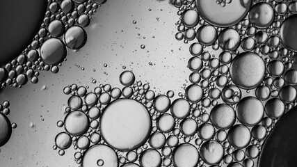 Close up oil bubbles with black and white background, macro image, blurry water droplets, abstract wallpaper background
