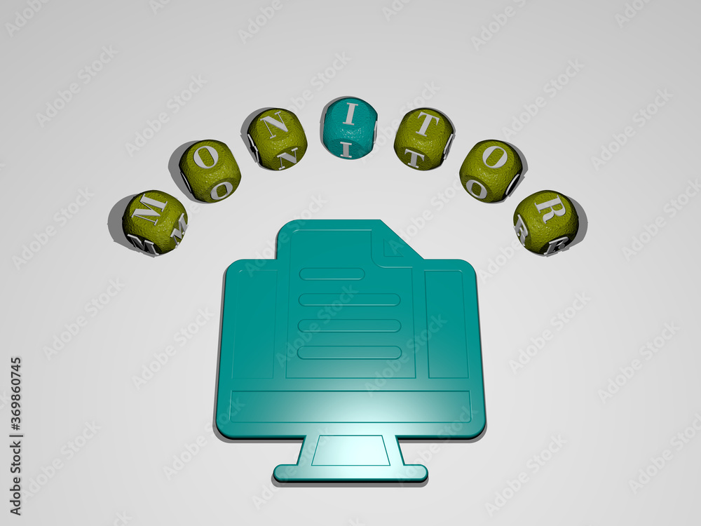 Fototapete 3d illustration of monitor graphics and text around the icon made by metallic dice letters for the r