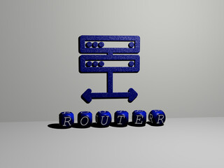 3D representation of ROUTER with icon on the wall and text arranged by metallic cubic letters on a mirror floor for concept meaning and slideshow presentation. illustration and internet