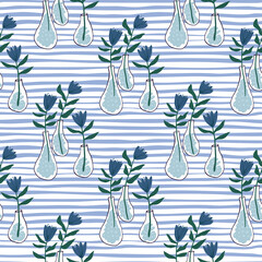 Flowers in a vase seamless hand drawn pattern. White background with strips and floral silhouettes in a navy blue color.