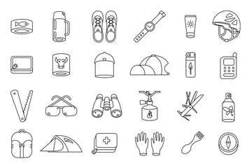 Camping line icon set. Mountain hike equipment kit. Tourism travel trip adventure. Trekking and hiking. Vector contour outline.