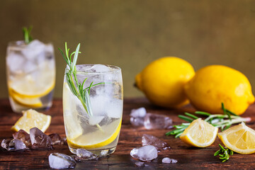 Lemon cocktail with rosemary and ice.