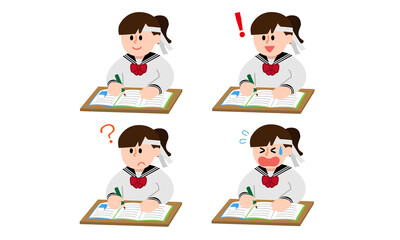 勉強するハチマキセーラー服女子学生セット