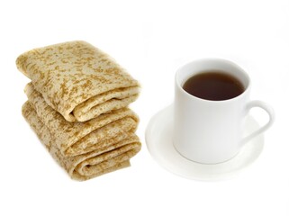 Fototapeta na wymiar Baked spring rolls wrapped in an envelope And white cup with coffee on a white saucer on a white background