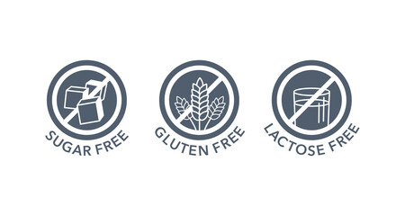 Sugar free, Gluten free, Lactose free stamps set - vector packaging marking tags - food cover decoration elements for healthy nutrition products 