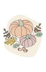 Autumn composition in merged line art. Pumpkins, autumn leaves and acorns. Modern hand-drawn minimalist image.For a gift card, poster, your creative design. Vector illustration isolated on white.