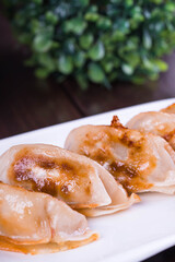 Japanese gyoza or dumplings snack with soy sauce