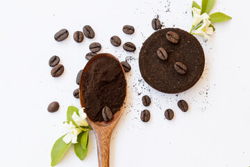 waste mashed fresh roasted coffee prepare to scrub skin health care for surface of lifestyle woman arrangement on background white 