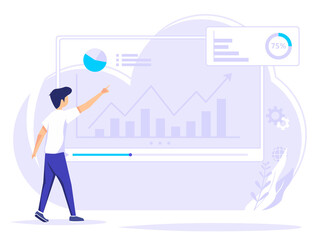 Online infographich video chart. Men show detailed data on the big screen presentations. the concepts of telecommuting, remote working, and business communication.