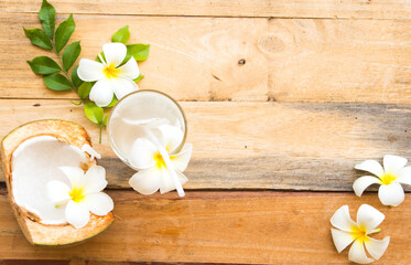 healthy drinks fruits coconut juice cold cocktail water for health care with flower frangipani of...