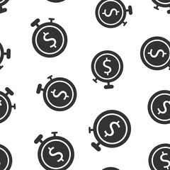 Time is money icon in flat style. Clock with dollar vector illustration on white isolated background. Currency seamless pattern business concept.