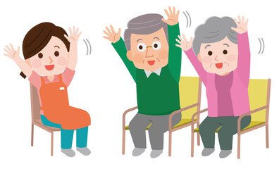 介護施設でレクリレーション　体操する高齢者　イラスト