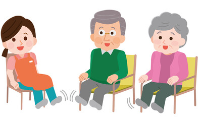 介護施設でレクリレーション　下半身体操する高齢者　イラスト