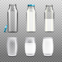 Realistic milk bottle and glass mockup set isolated on transparent background