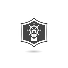 Badge with ship steering wheel icon with shadow