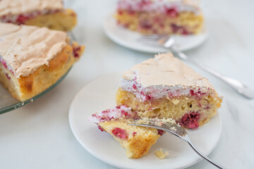 Sweet home made raspberry merigue pie on a table