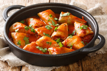 cabbage rolls stuffed with ground beef and rice and baked with a hot tomato sauce close-up in a bowl on the table. Horizontal