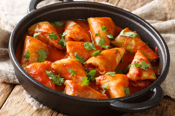 Stuffed cabbage leaves with minced meat and rice in tomato sauce close-up in a bowl. horizontal