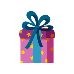 Colorful present with bow. Present box with bright starry wrapping paper. Flat vector illustration isolated in white background
