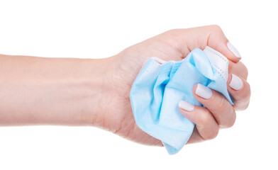 Hand with medical mask for protection, isolated on white background.