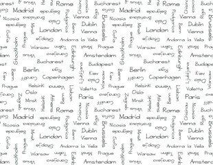 Capitals of Europe countries. Vector seamless pettern background. Travel world. text print.