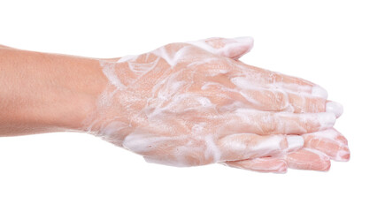 Washing hands with soap, foam on skin, isolated on white background.
