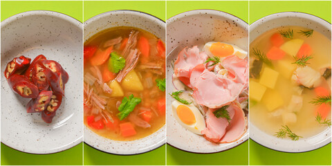 Food collage. Web design banner. Different delicious vegetable and fruit salads, meat, soup. Vibrant color background.