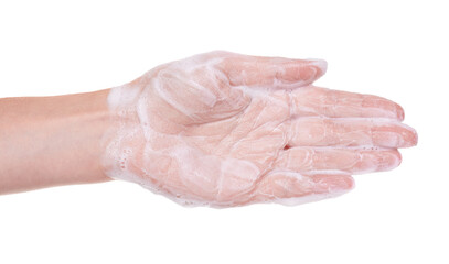 Hand with soap foam, isolated on white background.