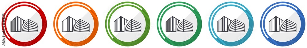 Leinwandbilder modern design office buildings icon set, flat design vector illustration in 6 colors options for web