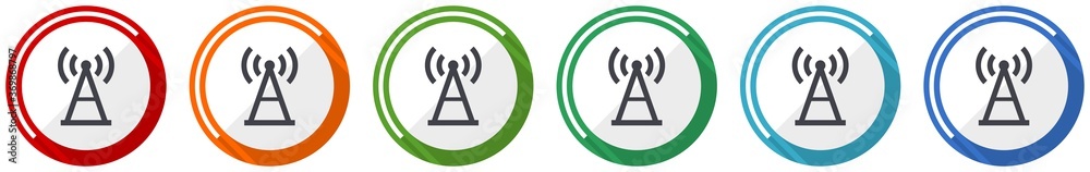 Poster antenna, signal icon set, flat design vector illustration in 6 colors options for webdesign and mobi