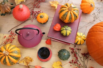  Thanksgiving holiday. Cozy autumn tea party. International Book Day. Writer's day.Cup with tea, red teapot, books, assorted pumpkins set,  yellow leaves on a wooden table in the garden.picnic