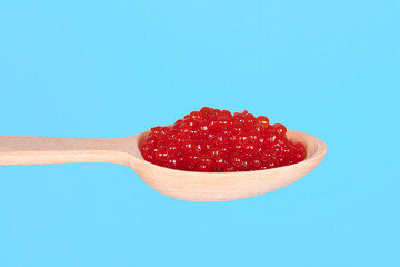 Salmon fish caviar, seafood on wooden spoon, isolated on blue background.