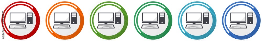 Aufkleber computer, desktop icon set, flat design vector illustration in 6 colors options for webdesign and mo