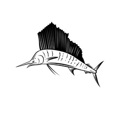 Indo-Pacific Sailfish or Billfish Jumping Up Side Retro Woodcut Black and White