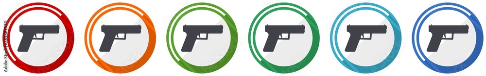 Poster pistol, gun, weapon icon set, flat design vector illustration in 6 colors options for webdesign and 