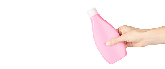 Hand sanitizer in bottle, disinfection liquid. Isolated on white background. Copy space template, banner.