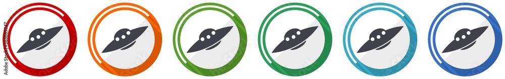 Poster Ufo, alien spaceship icon set, flat design vector illustration in 6 colors options for webdesign and mobile applications