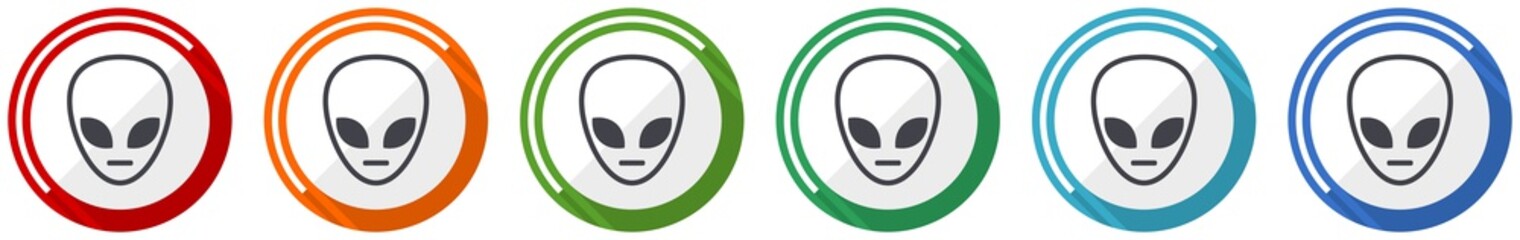 Alien face icon set, flat design vector illustration in 6 colors options for webdesign and mobile applications