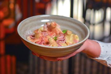 Waiter serves georgian meat dumplings called khinkali. Delicious dinner, Georgian cuisine.