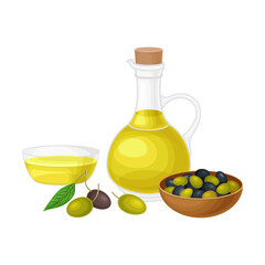 Olives in Bowl and Glass Jar with Oil Vector Illustration