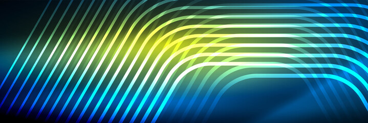 Shiny neon lines, stripes and waves, technology abstract background. Trendy abstract layout template for business or technology presentation, internet poster or web brochure cover, wallpaper