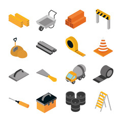 isometric repair construction work tool and equipment wood wheelbarrow barrier tape screwdriver truck barrels flat style icons set