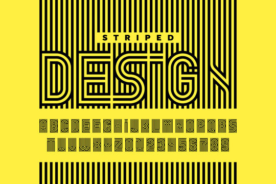 Striped design style font, alphabet letters and numbers
